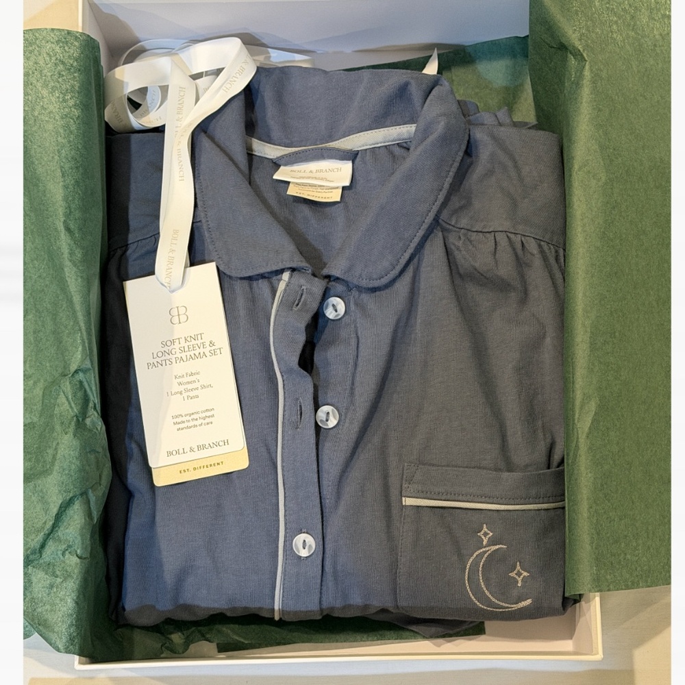 New, Boll & Branch Soft Knit Long Sleeve Top & Pants Pajama Set in Mist, Wmns Sm